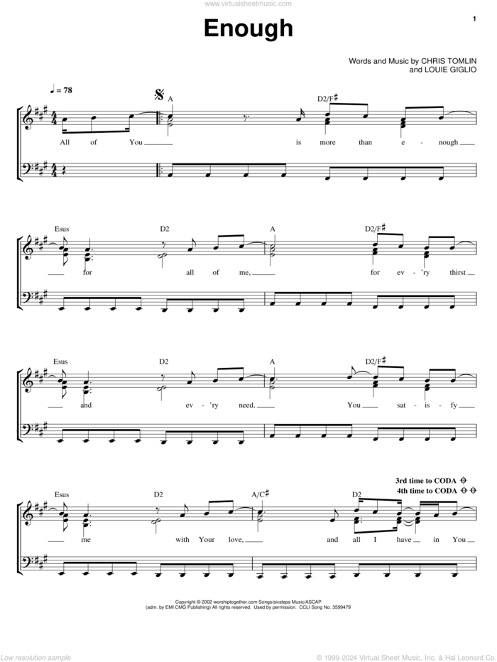 Enough sheet music for voice, piano or guitar by Chris Tomlin, Jeremy Camp and Louie Giglio, intermediate skill level