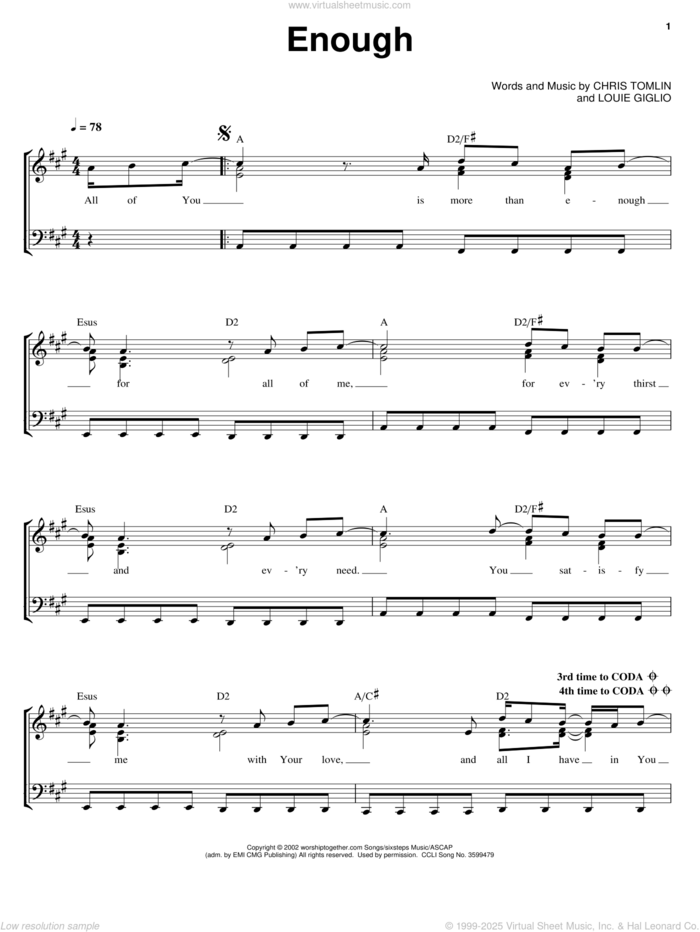 Enough sheet music for voice, piano or guitar by Chris Tomlin, Jeremy Camp and Louie Giglio, intermediate skill level