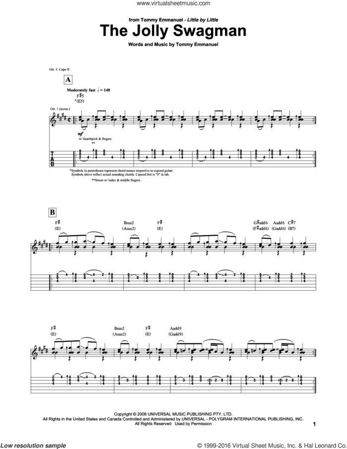 The Jolly Swagman sheet music for guitar (tablature) by Tommy Emmanuel, intermediate skill level