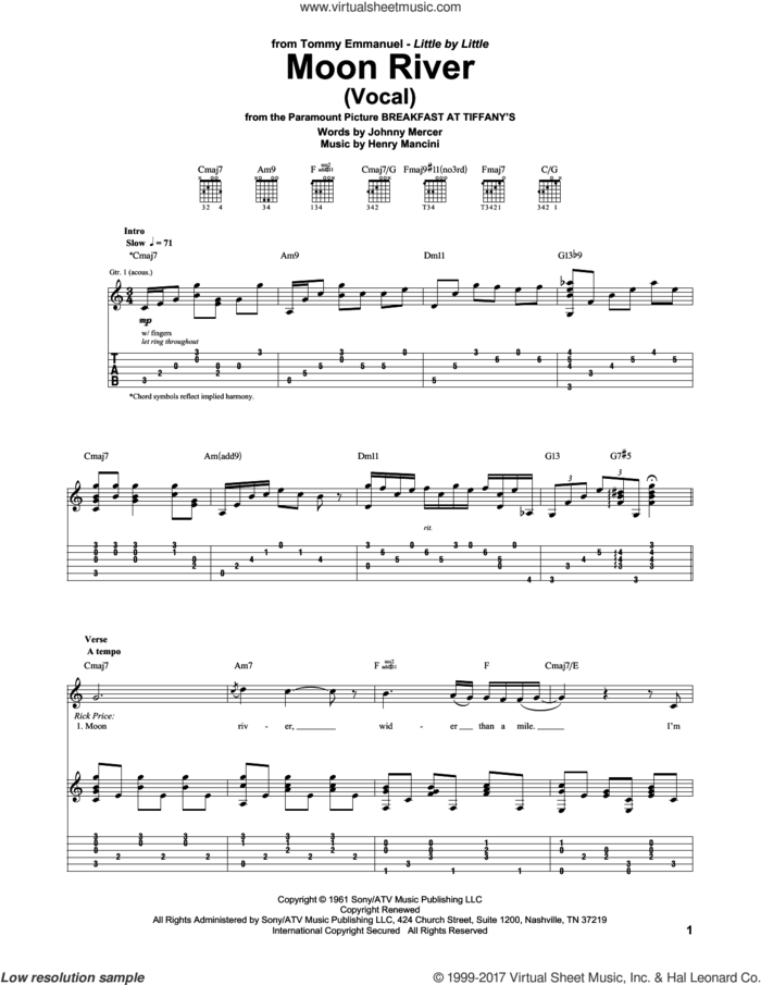 Moon River sheet music for guitar (tablature) by Tommy Emmanuel, Andy Williams, Henry Mancini and Johnny Mercer, wedding score, intermediate skill level