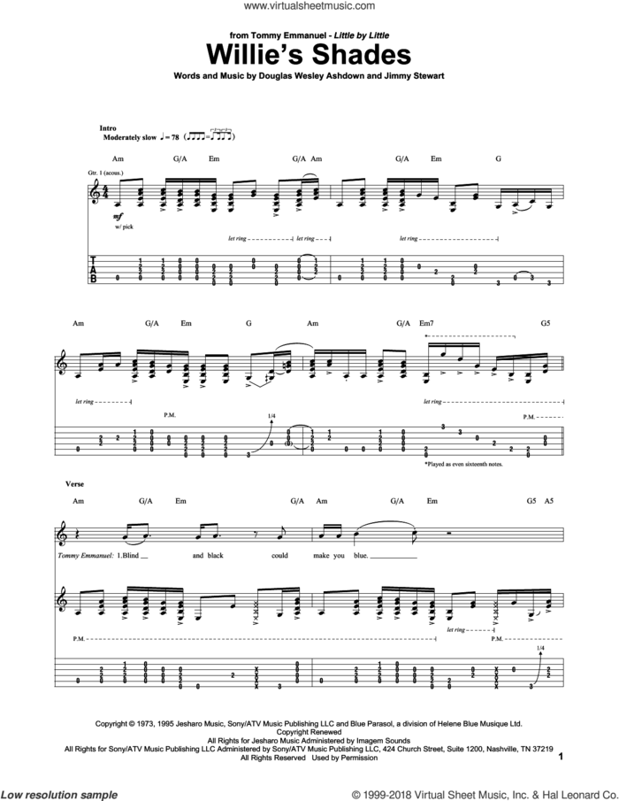 Willie's Shades sheet music for guitar (tablature) by Tommy Emmanuel, Douglas Wesley Ashdown and Jimmy Stewart, intermediate skill level