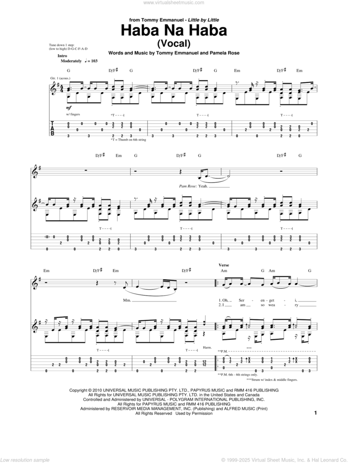 Haba Na Haba sheet music for guitar (tablature) by Tommy Emmanuel and Pamela Rose, intermediate skill level