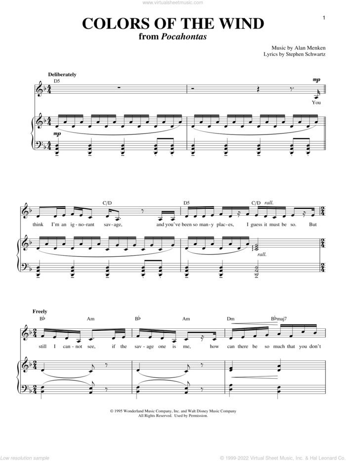 Colors Of The Wind (from Pocahontas) sheet music for voice and piano by Alan Menken, Stephen Schwartz and Vanessa Williams, intermediate skill level