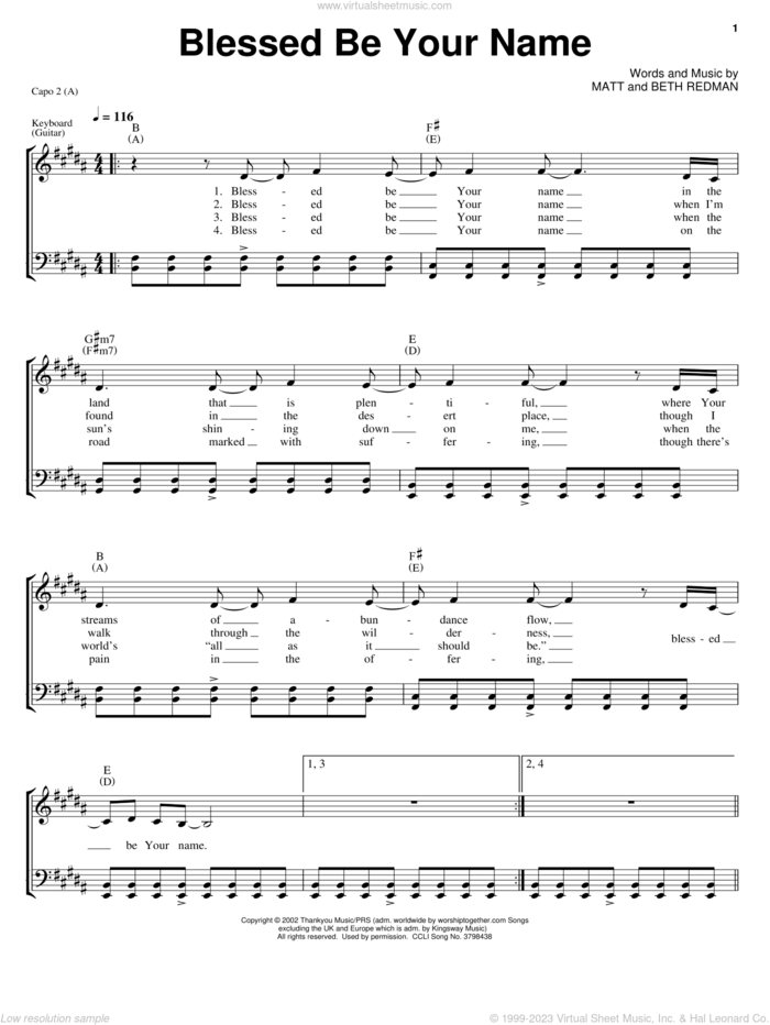 Blessed Be Your Name sheet music for voice, piano or guitar by Matt Redman and Beth Redman, intermediate skill level