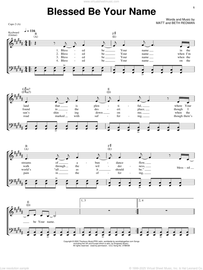 Blessed Be Your Name sheet music for voice, piano or guitar by Matt Redman and Beth Redman, intermediate skill level