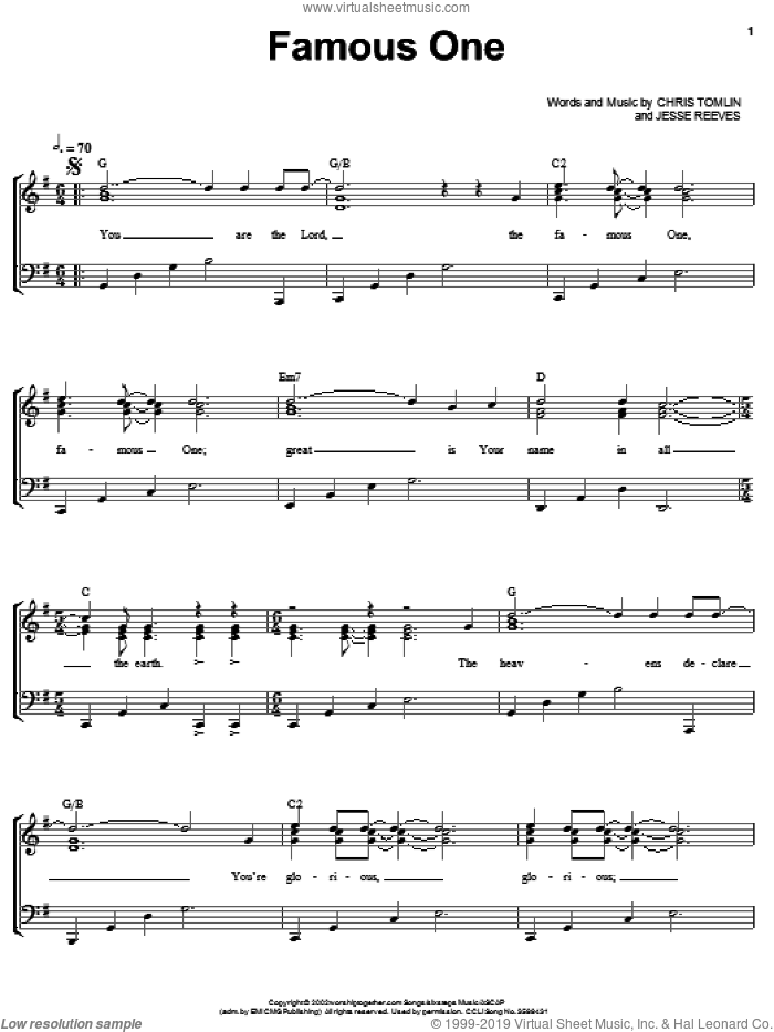 Famous One sheet music for voice, piano or guitar by Chris Tomlin and Jesse Reeves, intermediate skill level