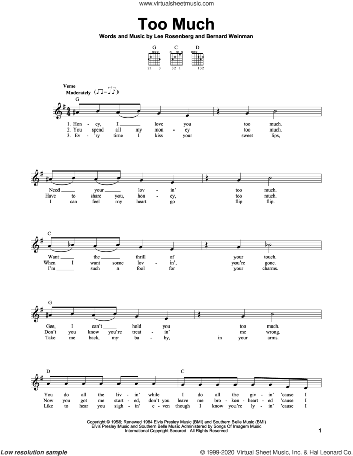 Too Much, (easy) sheet music for guitar solo (chords) by Elvis Presley, Bernard Weinman and Lee Rosenberg, easy guitar (chords)