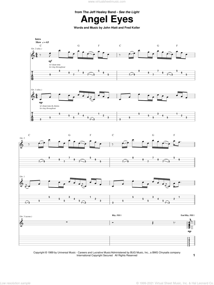 Angel Eyes sheet music for guitar (tablature) by John Hiatt, Jeff Healey Band and Fred Koller, intermediate skill level