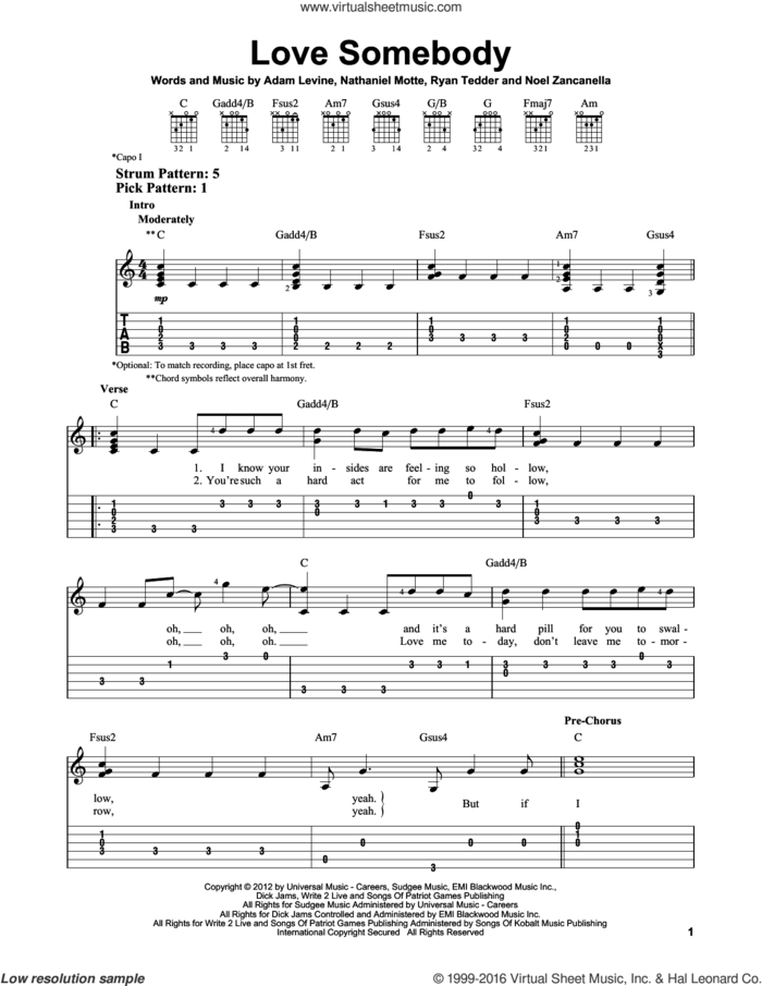 Love Somebody sheet music for guitar solo (easy tablature) by Maroon 5, Adam Levine, Nathaniel Motte, Noel Zancanella and Ryan Tedder, easy guitar (easy tablature)