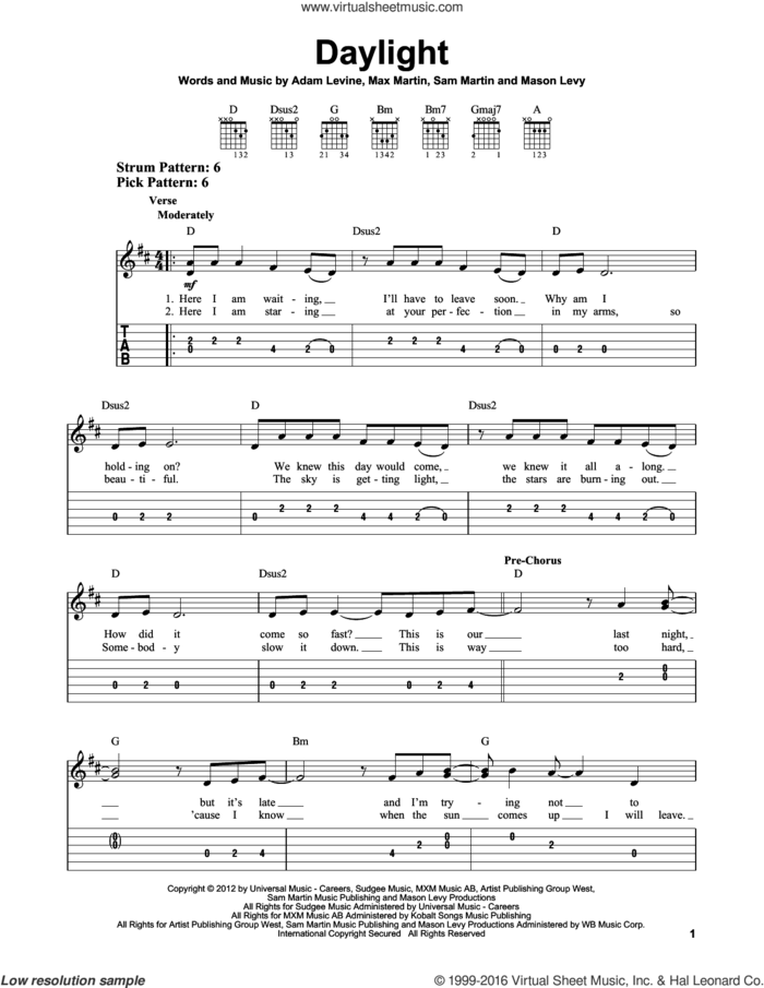 Daylight sheet music for guitar solo (easy tablature) by Maroon 5, Adam Levine, Mason Levy, Max Martin and Sam Martin, easy guitar (easy tablature)