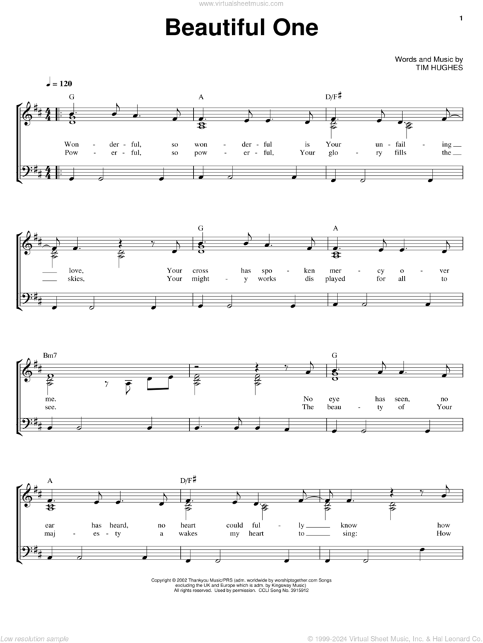 Beautiful One sheet music for voice, piano or guitar by Jeremy Camp and Tim Hughes, intermediate skill level