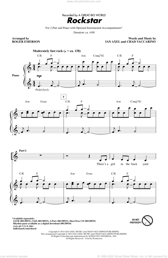 Rockstar (arr. Roger Emerson) sheet music for choir (2-Part) by Roger Emerson, A Great Big World, Chad Vaccarino and Ian Axel, intermediate duet