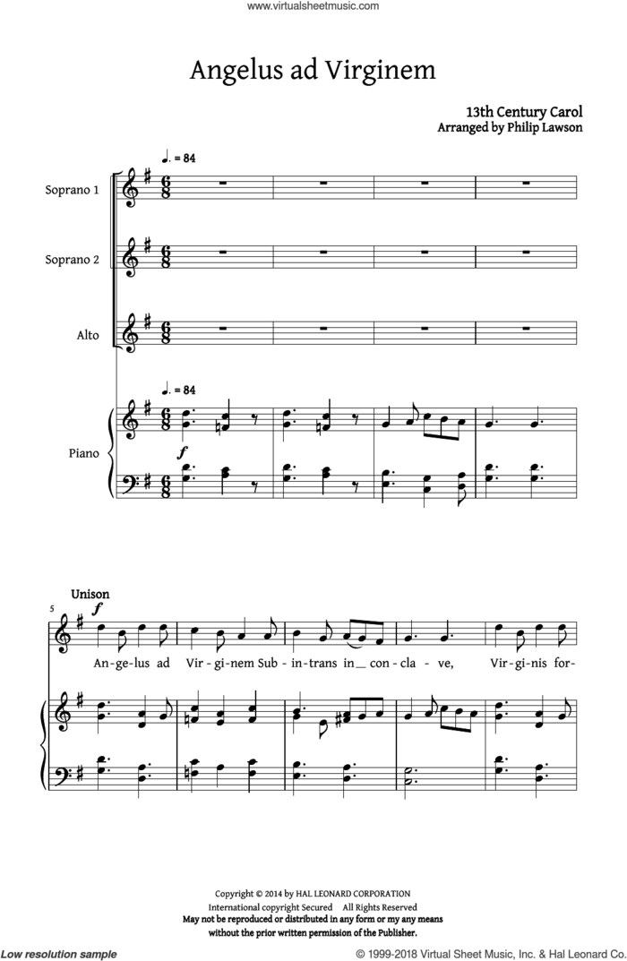 Angelus Ad Virginem sheet music for choir (SSA: soprano, alto) by Philip Lawson and 13th Century Carol, intermediate skill level