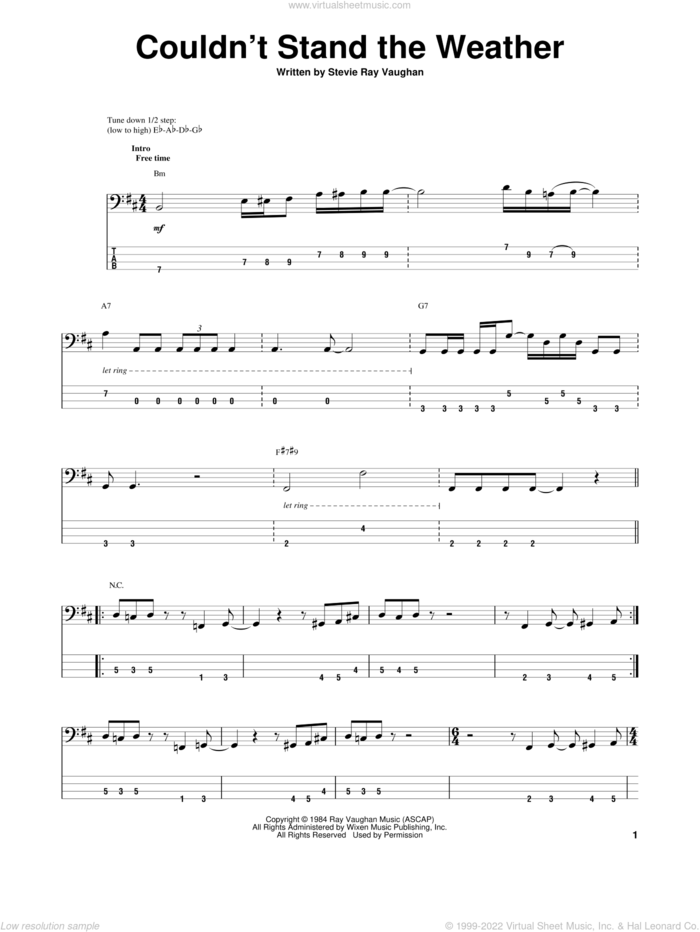 Couldn't Stand The Weather sheet music for bass (tablature) (bass guitar) by Stevie Ray Vaughan, intermediate skill level