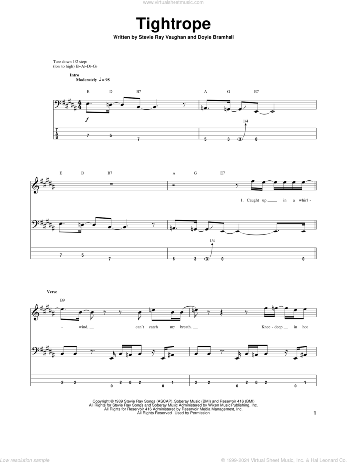 Tightrope sheet music for bass (tablature) (bass guitar) by Stevie Ray Vaughan and Doyle Bramhall, intermediate skill level