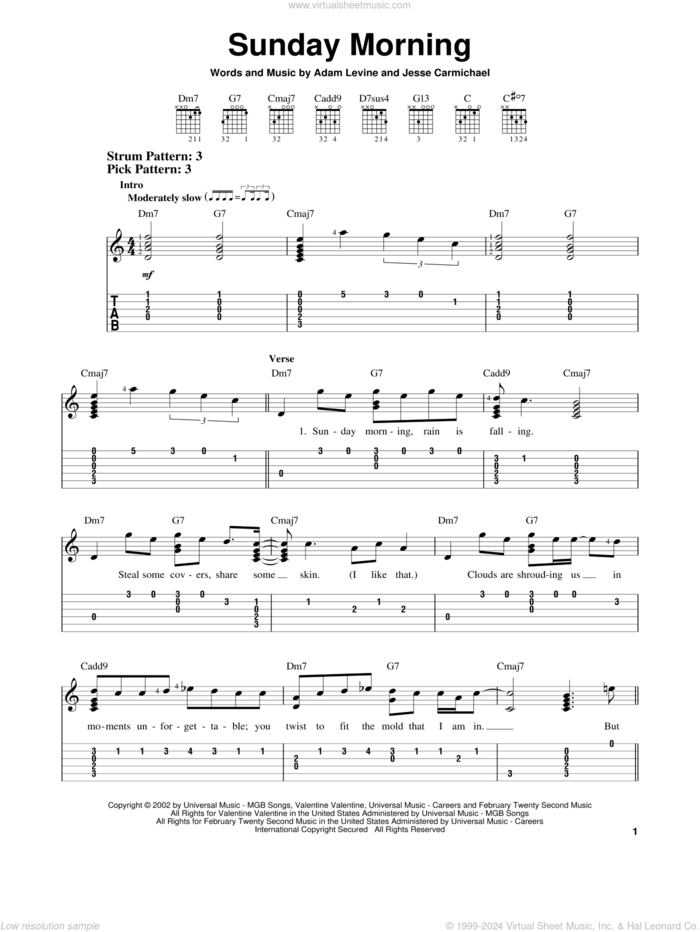 Sunday Morning sheet music for guitar solo (easy tablature) by Maroon 5, Adam Levine and Jesse Carmichael, easy guitar (easy tablature)