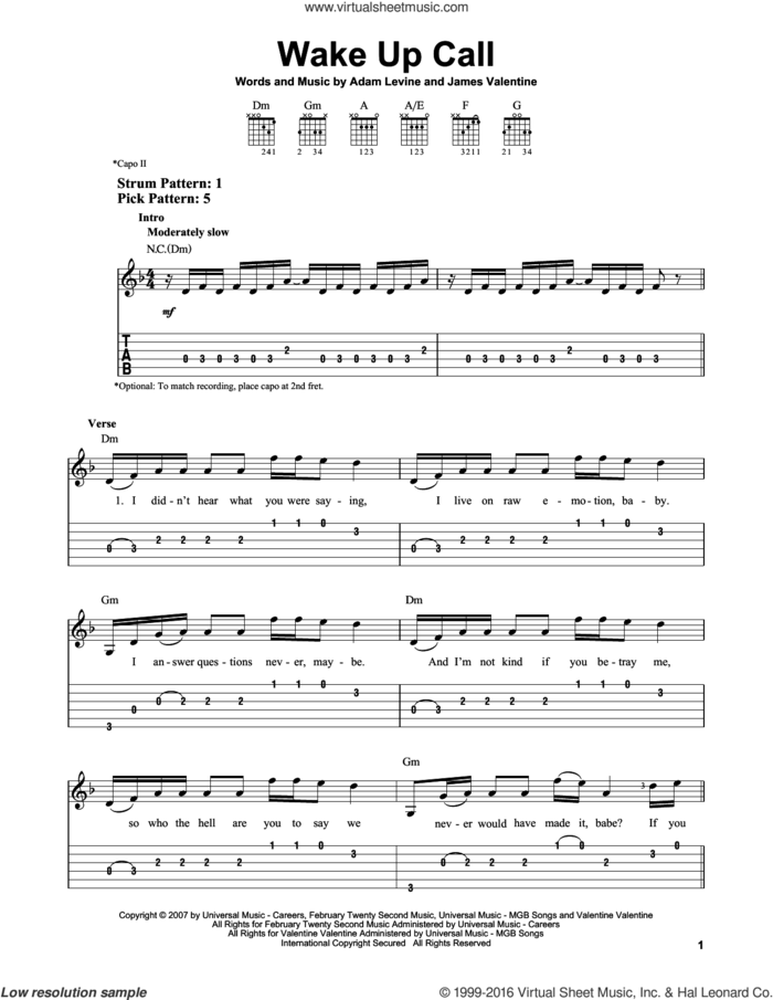 Wake Up Call sheet music for guitar solo (easy tablature) by Maroon 5, Adam Levine and James Valentine, easy guitar (easy tablature)