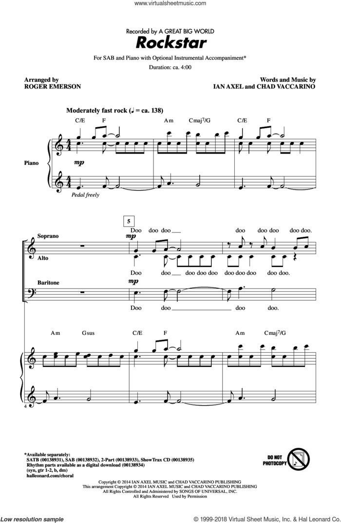Rockstar (arr. Roger Emerson) sheet music for choir (SAB: soprano, alto, bass) by Roger Emerson, A Great Big World, Chad Vaccarino and Ian Axel, intermediate skill level