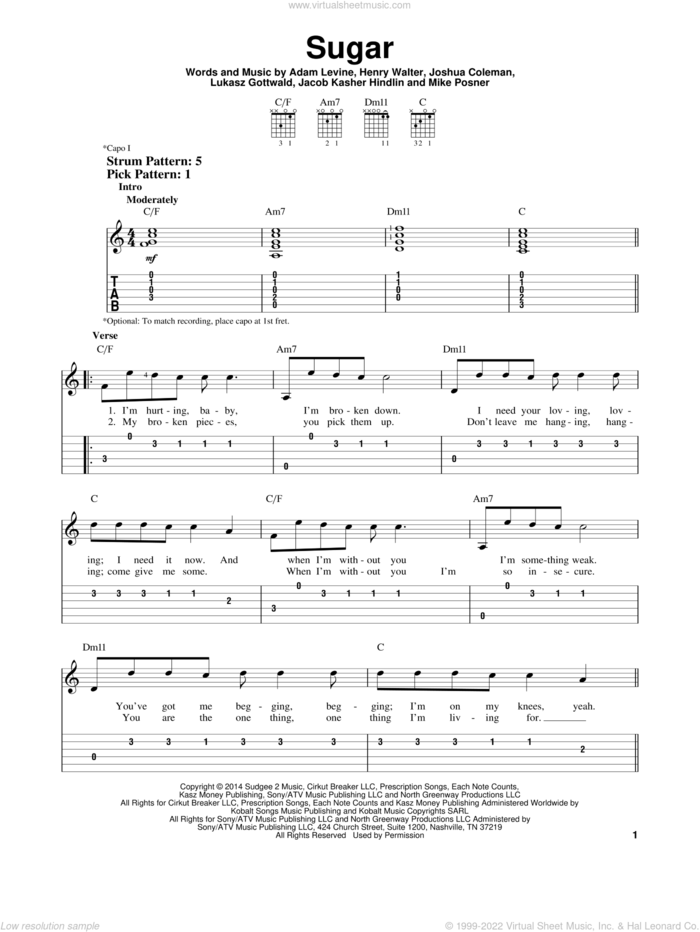 Sugar sheet music for guitar solo (easy tablature) by Maroon 5, Adam Levine, Henry Walter, Jacob Kasher Hindlin, Joshua Coleman, Lukasz Gottwald and Mike Posner, easy guitar (easy tablature)
