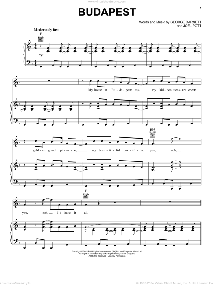 Budapest sheet music for voice, piano or guitar by George Ezra, George Barnett and Joel Pott, intermediate skill level