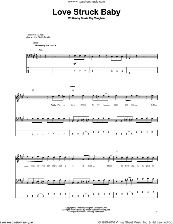 Love Struck Baby sheet music for bass (tablature) (bass guitar) by Stevie Ray Vaughan, intermediate skill level