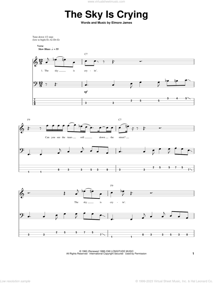The Sky Is Crying sheet music for bass (tablature) (bass guitar) by Stevie Ray Vaughan, Eric Clapton and Elmore James, intermediate skill level