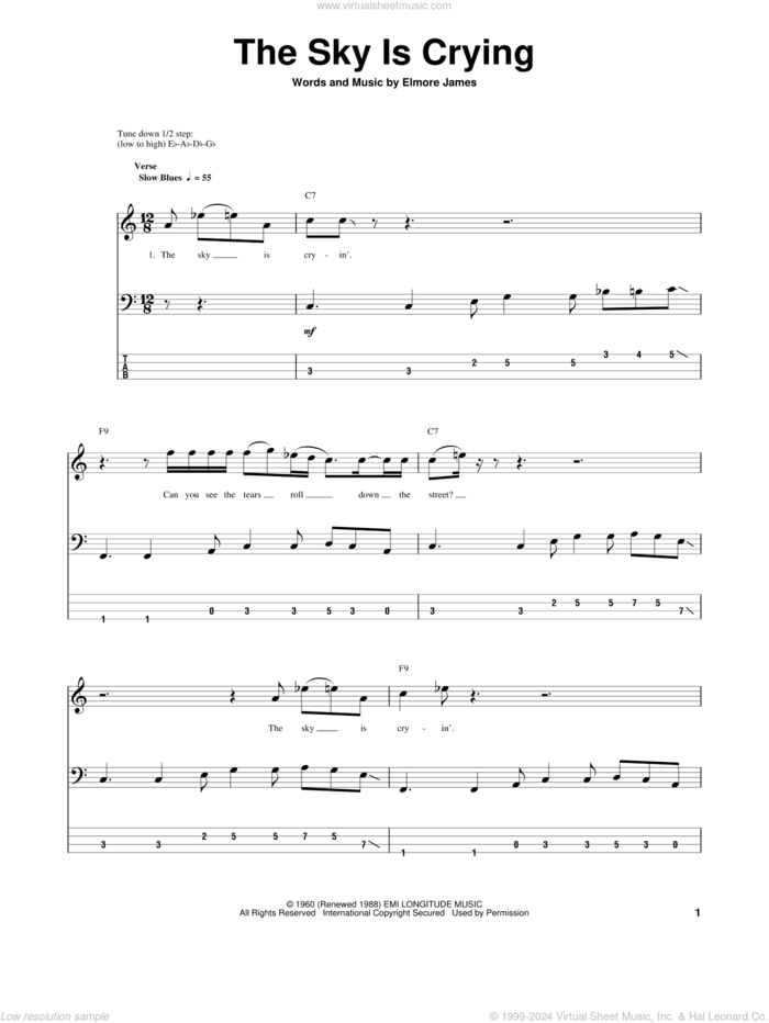 The Sky Is Crying sheet music for bass (tablature) (bass guitar) by Stevie Ray Vaughan, Eric Clapton and Elmore James, intermediate skill level