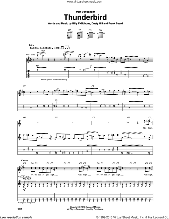 Thunderbird sheet music for guitar (tablature) by ZZ Top, Billy Gibbons, Dusty Hill and Frank Beard, intermediate skill level