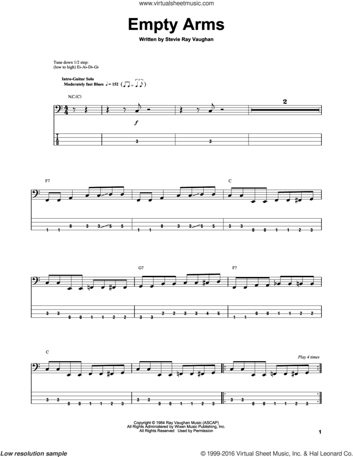 Empty Arms sheet music for bass (tablature) (bass guitar) by Stevie Ray Vaughan, intermediate skill level