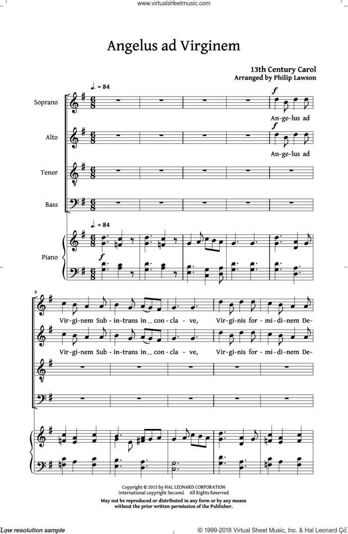Angelus Ad Virginem sheet music for choir (SATB: soprano, alto, tenor, bass) by Philip Lawson and 13th Century Carol, intermediate skill level