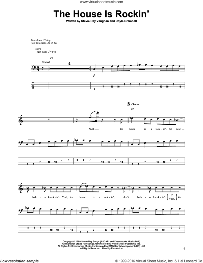 The House Is Rockin' sheet music for bass (tablature) (bass guitar) by Stevie Ray Vaughan and Doyle Bramhall, intermediate skill level