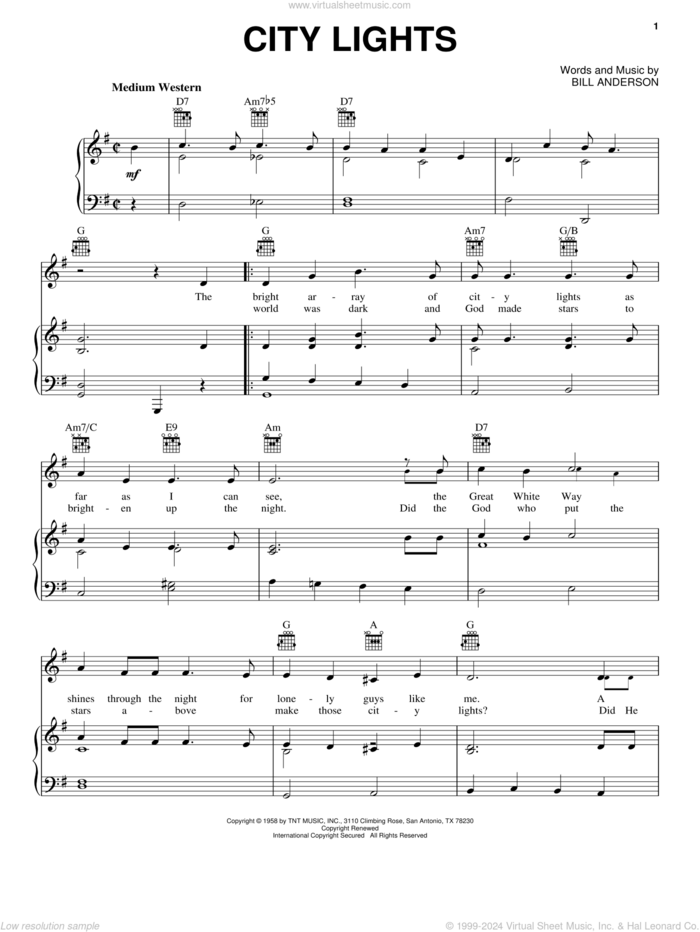 City Lights sheet music for voice, piano or guitar by Bill Anderson, Debbie Reynolds, Ivory Joe Hunter and Ray Price, intermediate skill level
