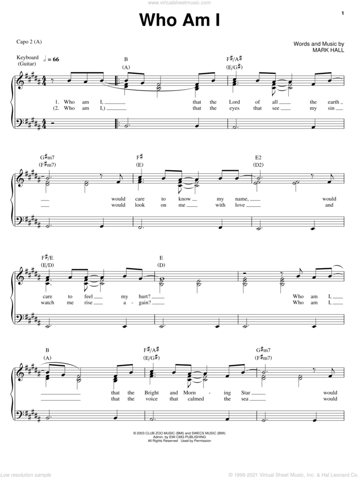 Who Am I sheet music for voice, piano or guitar by Casting Crowns and Mark Hall, intermediate skill level