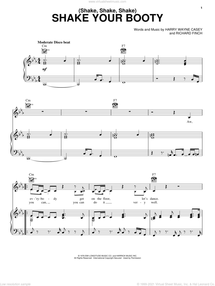 Shake Your Booty sheet music for voice, piano or guitar by KC & The Sunshine Band, Harry Wayne Casey and Richard Raymond Finch, intermediate skill level