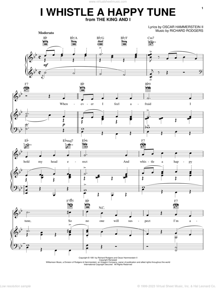 I Whistle A Happy Tune sheet music for voice, piano or guitar by Rodgers & Hammerstein, The King And I (Musical), Oscar II Hammerstein and Richard Rodgers, intermediate skill level