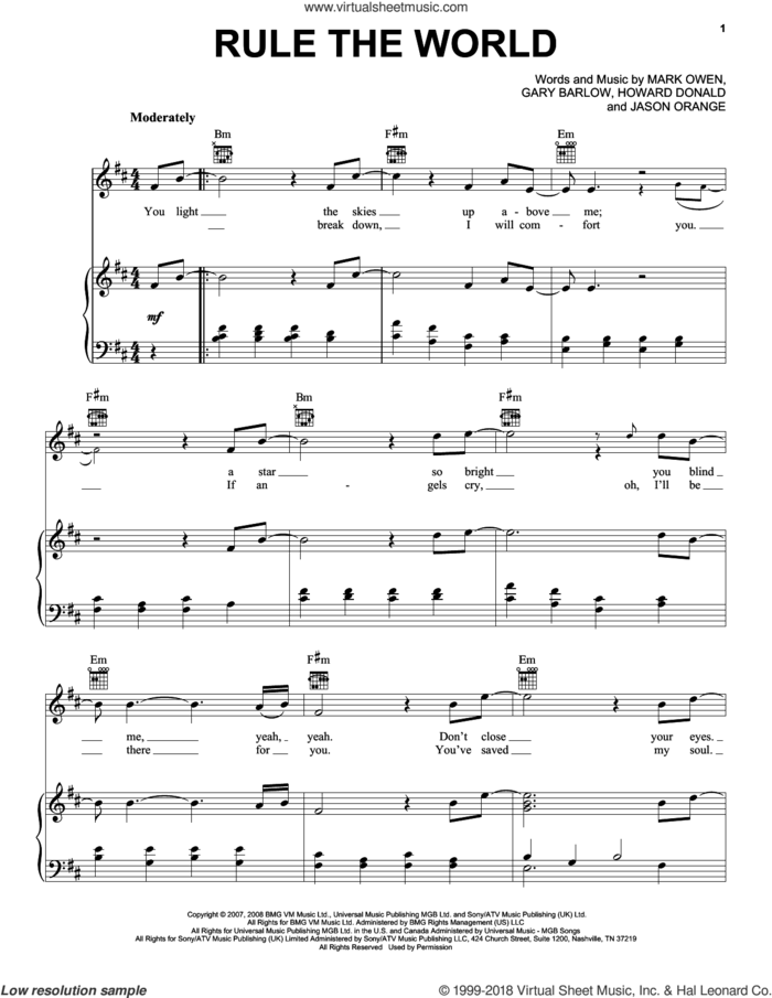 Rule The World sheet music for voice, piano or guitar by Take That, Gary Barlow, Howard Donald, Jason Orange and Mark Owen, intermediate skill level