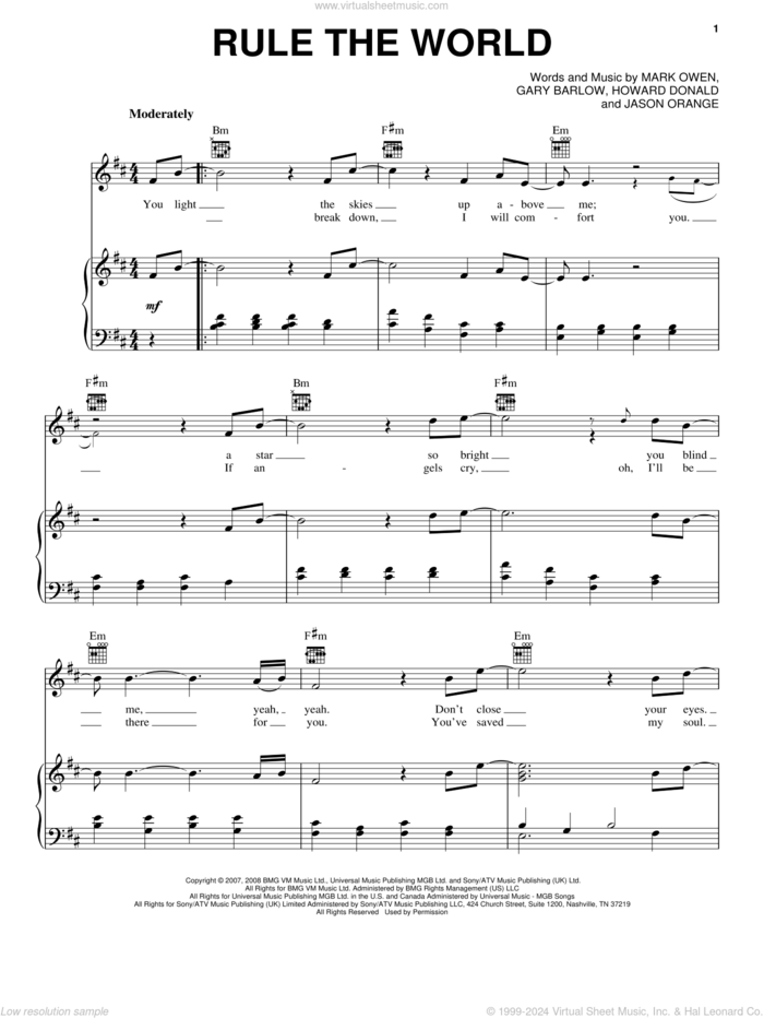Rule The World sheet music for voice, piano or guitar by Take That, Gary Barlow, Howard Donald, Jason Orange and Mark Owen, intermediate skill level