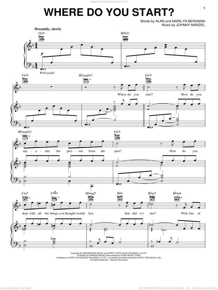 Where Do You Start? sheet music for voice, piano or guitar by Johnny Mandel, Alan Bergman and Marilyn Bergman, intermediate skill level