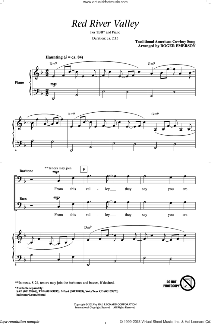 The Red River Valley sheet music for choir (TBB: tenor, bass) by Roger Emerson and Traditional American Cowboy So, intermediate skill level