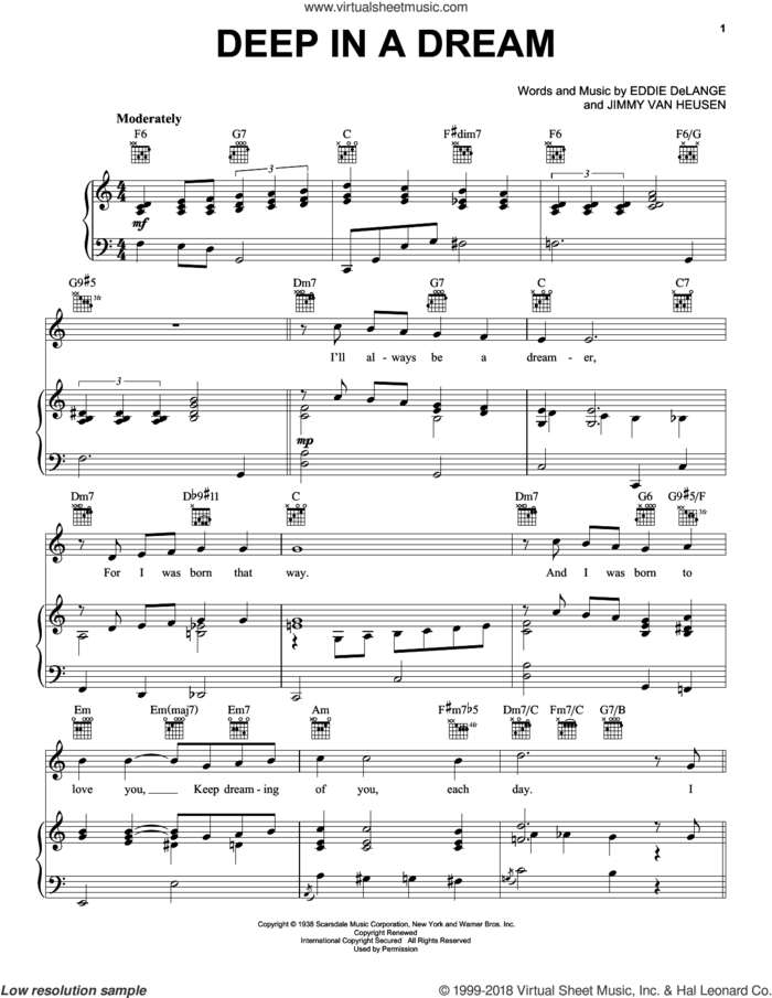Deep In A Dream sheet music for voice, piano or guitar by Jimmy Van Heusen and Eddie DeLange, intermediate skill level