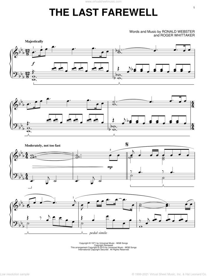 The Last Farewell sheet music for piano solo by Roger Whittaker and Ronald Webster, classical score, intermediate skill level