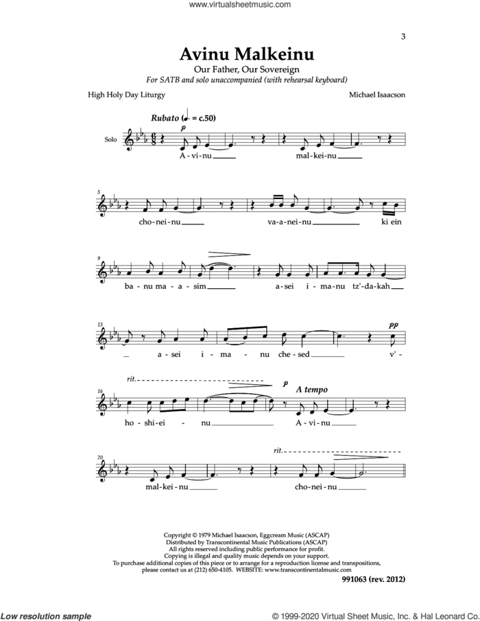 Avinu Malkeinu Cantor sheet music for choir (SATB: soprano, alto, tenor, bass) by M Isaacson, intermediate skill level