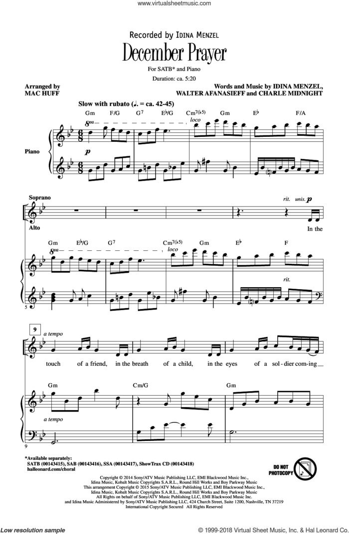 December Prayer sheet music for choir (SATB: soprano, alto, tenor, bass) by Idina Menzel, Mac Huff, Walter Afanasieff, Charlie Midnight and Walter Afansieff, intermediate skill level