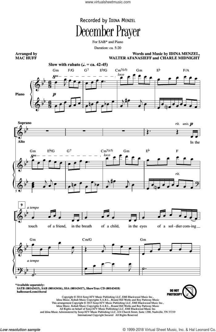 December Prayer (arr. Mac Huff) sheet music for choir (SAB: soprano, alto, bass) by Idina Menzel, Mac Huff, Walter Afanasieff, Charlie Midnight and Walter Afansieff, intermediate skill level