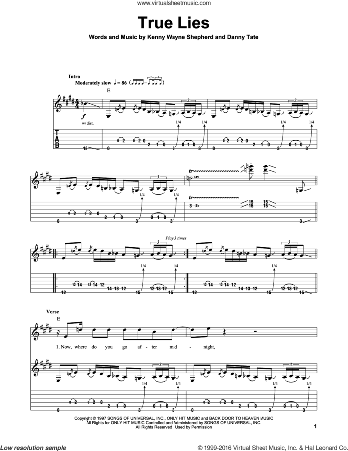 True Lies sheet music for guitar (tablature, play-along) by Kenny Wayne Shepherd and Danny Tate, intermediate skill level