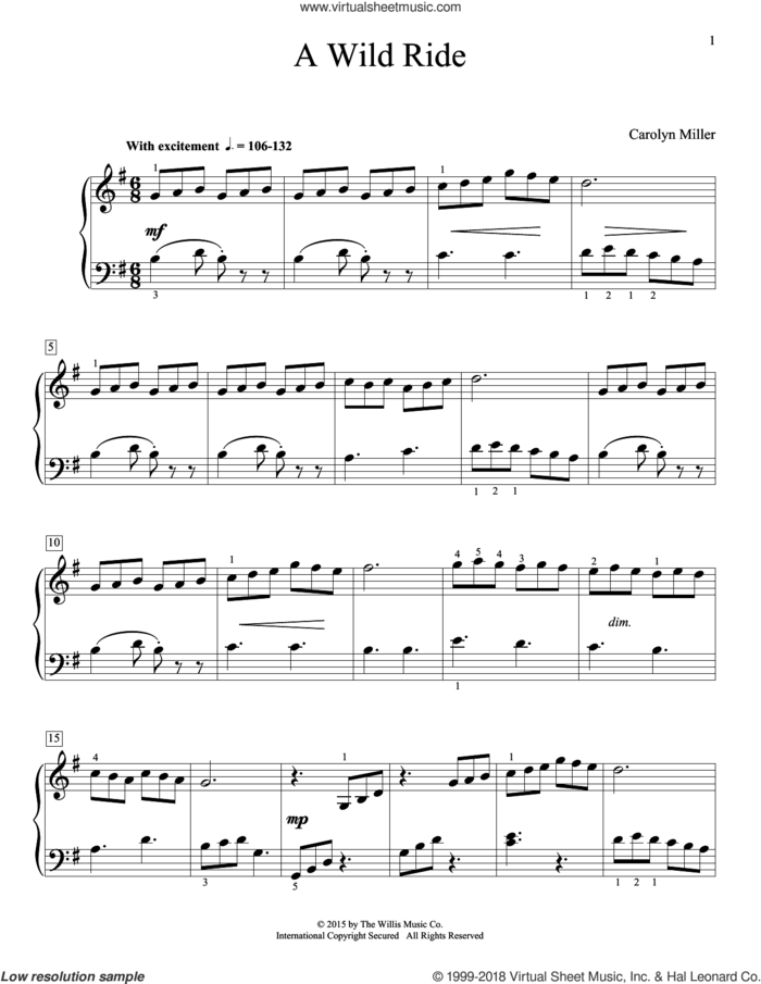 A Wild Ride sheet music for piano solo (elementary) by Carolyn Miller, beginner piano (elementary)