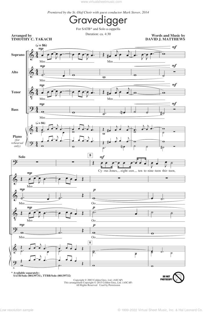 Gravedigger sheet music for choir by Dave Matthews Band, Timothy C. Takach, Dave Matthews and Jerry Rubino, intermediate skill level