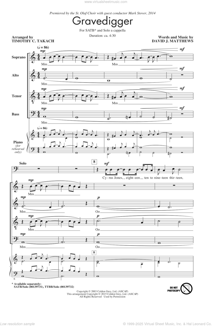 Gravedigger sheet music for choir by Dave Matthews Band, Timothy C. Takach, Dave Matthews and Jerry Rubino, intermediate skill level