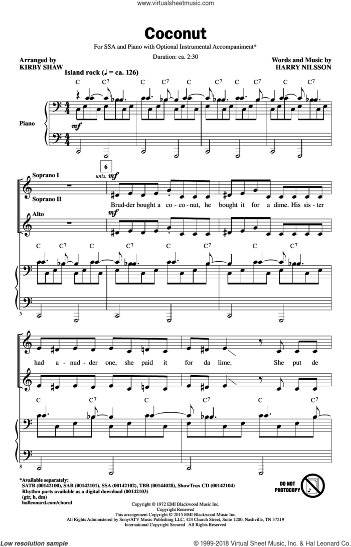 Coconut sheet music for choir (SSA: soprano, alto) by Harry Nilsson, Kirby Shaw and Nilsson, intermediate skill level