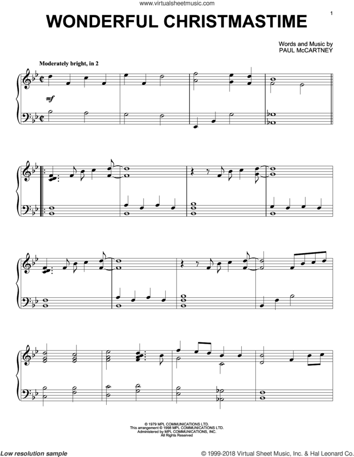 Wonderful Christmastime, (intermediate) sheet music for piano solo by Paul McCartney, intermediate skill level